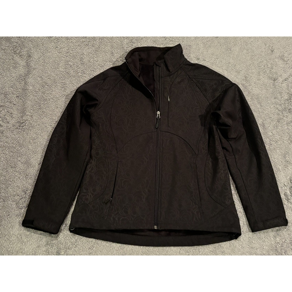 Double Diamond Womens Black Full Zip Shell Jacket Medium Tonal Swirl Pocket Coat